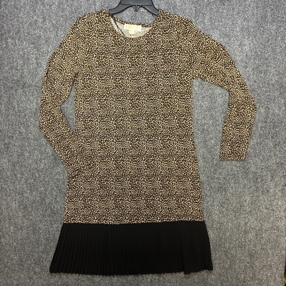 Michael Kors brand leopard print dress featuring a pleated black hem Size M